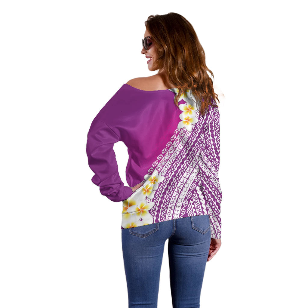 Tahiti Plumeria Tribal Pattern Off Shoulder Sweater Wave Style Purple LT05 - Polynesian Pride