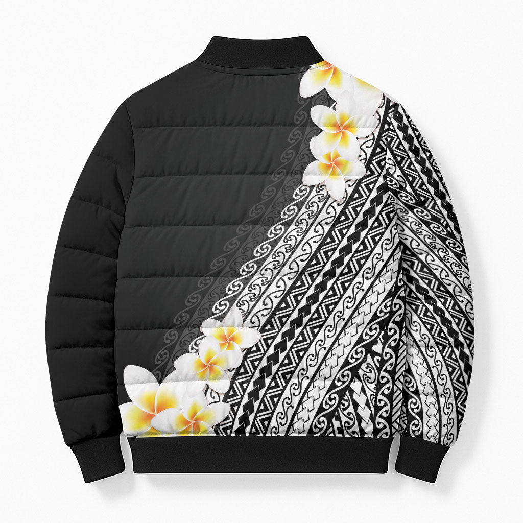 Tahiti Plumeria Tribal Pattern Bomber Puffer Jacket Wave Style Black LT05 - Polynesian Pride