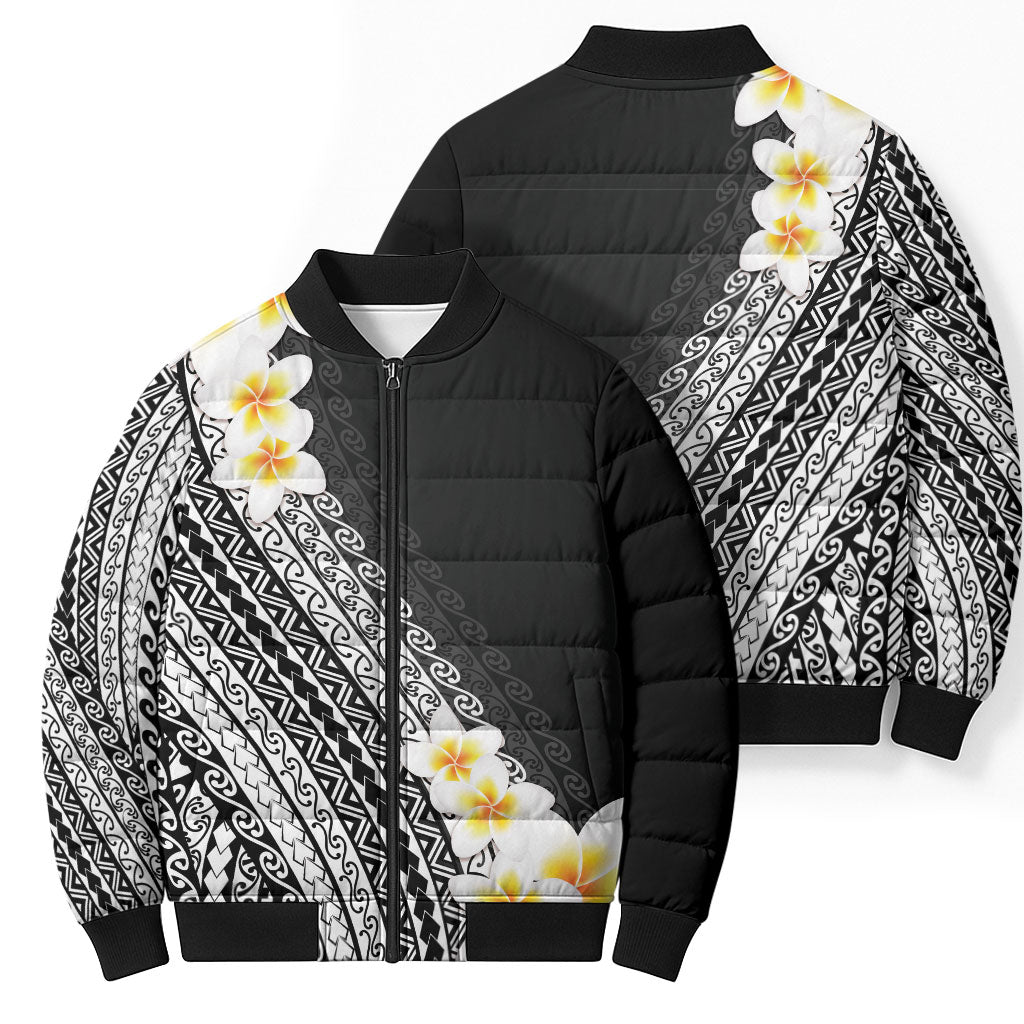 Tahiti Plumeria Tribal Pattern Bomber Puffer Jacket Wave Style Black LT05 - Polynesian Pride