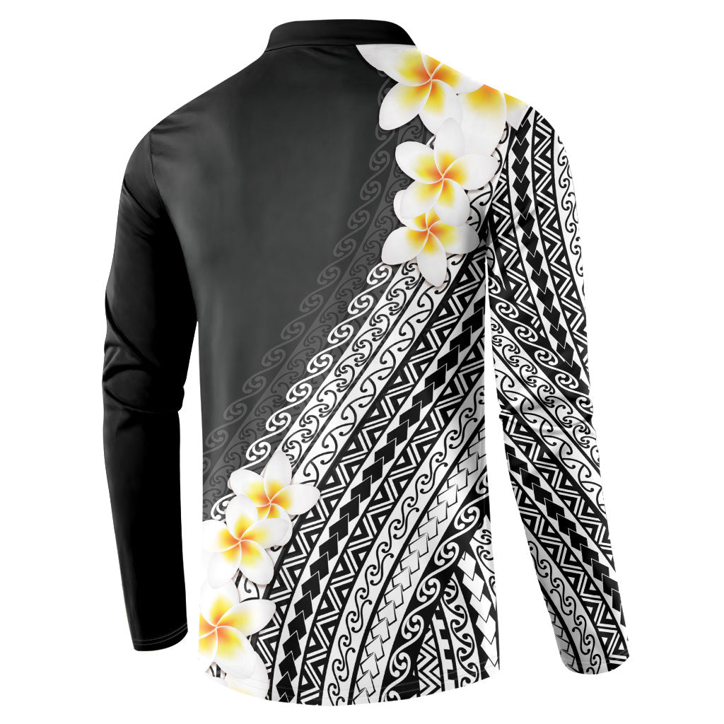 Tahiti Plumeria Tribal Pattern Button Sweatshirt Wave Style Black LT05 - Polynesian Pride