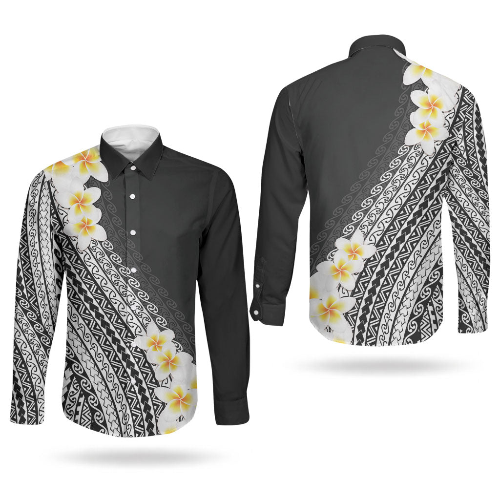 Tahiti Plumeria Tribal Pattern Couples Matching Long Sleeve Bodycon Dress and Long Sleeve Button Shirt Wave Style Black LT05 - Polynesian Pride