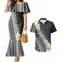 Tahiti Plumeria Tribal Pattern Couples Matching Mermaid Dress and Hawaiian Shirt Wave Style Black LT05 Black - Polynesian Pride
