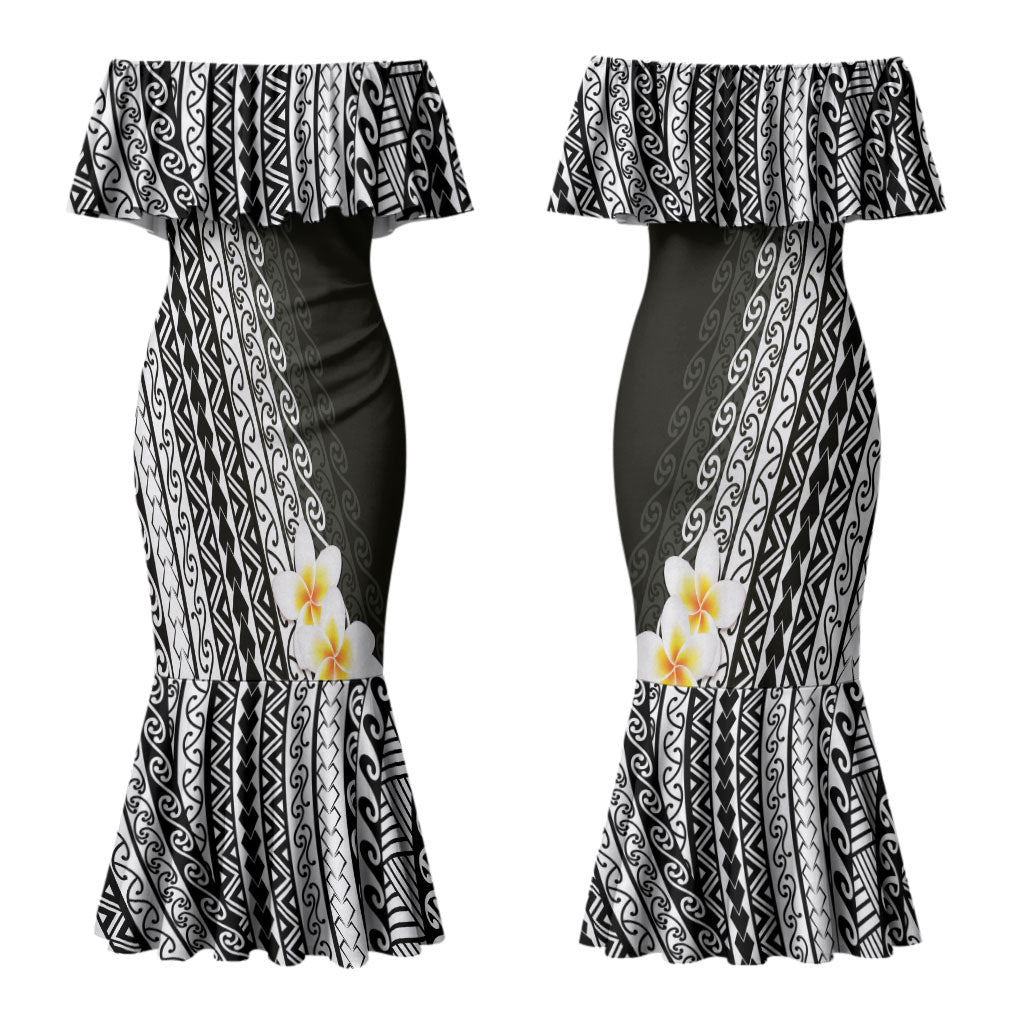 Tahiti Plumeria Tribal Pattern Couples Matching Mermaid Dress and Long Sleeve Button Shirt Wave Style Black LT05 - Polynesian Pride