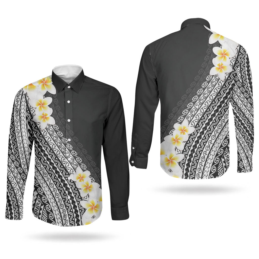 Tahiti Plumeria Tribal Pattern Couples Matching Off The Shoulder Long Sleeve Dress and Long Sleeve Button Shirt Wave Style Black LT05 - Polynesian Pride