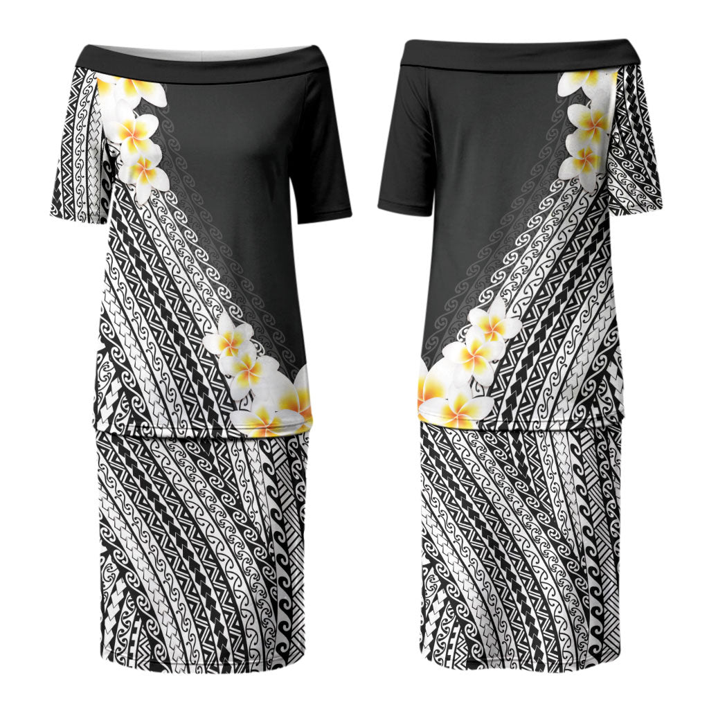 Tahiti Plumeria Tribal Pattern Couples Matching Puletasi and Hawaiian Shirt Wave Style Black LT05 - Polynesian Pride