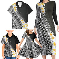Tahiti Plumeria Tribal Pattern Family Matching Long Sleeve Bodycon Dress and Hawaiian Shirt Wave Style Black LT05 - Polynesian Pride