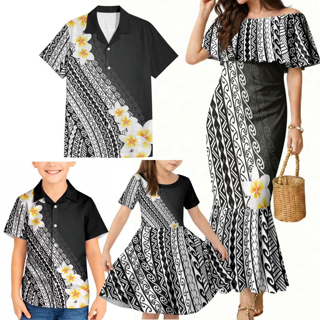 Tahiti Plumeria Tribal Pattern Family Matching Mermaid Dress and Hawaiian Shirt Wave Style Black LT05 - Polynesian Pride