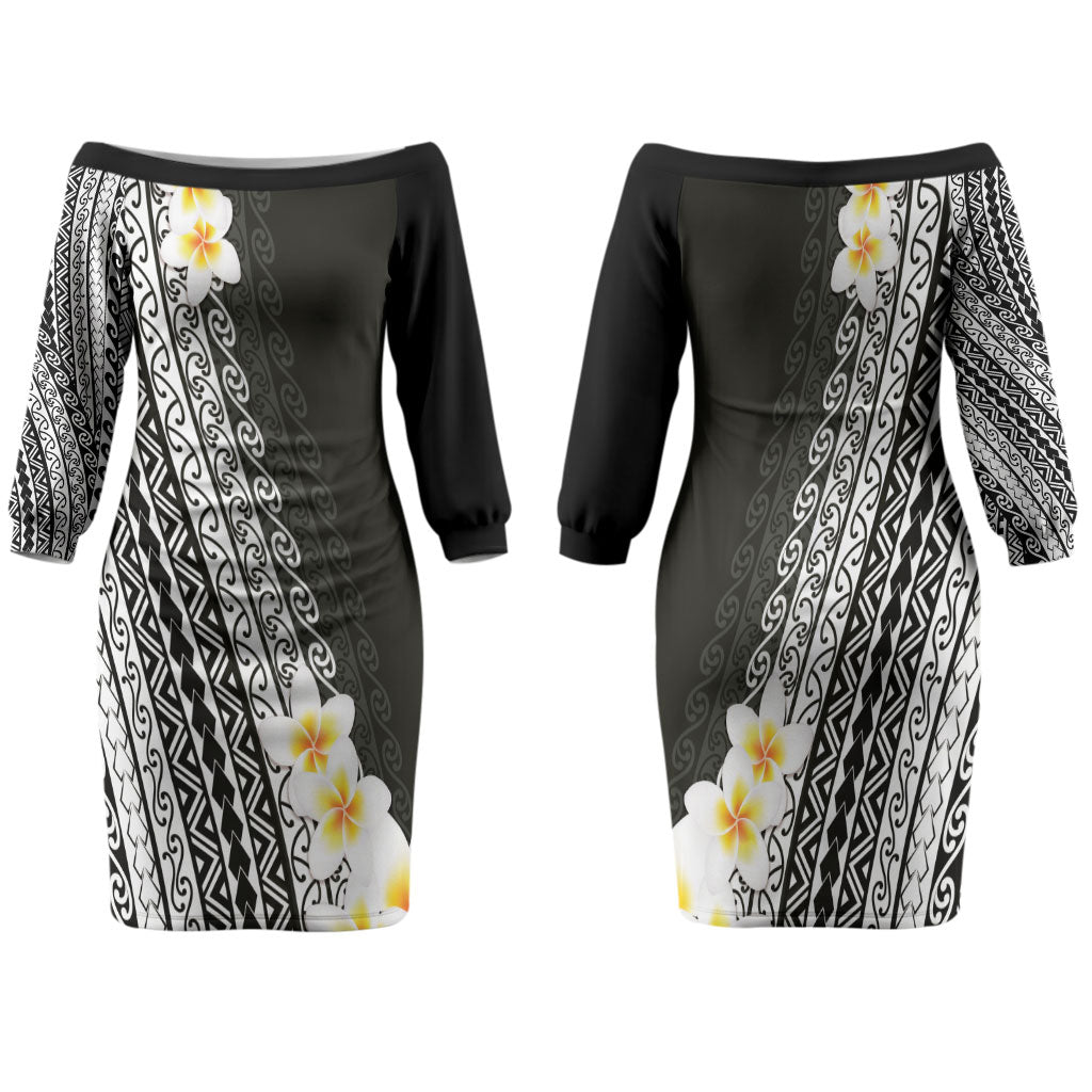 Tahiti Plumeria Tribal Pattern Family Matching Off The Shoulder Long Sleeve Dress and Hawaiian Shirt Wave Style Black LT05 Mom's Dress Black - Polynesian Pride