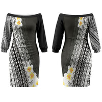 Tahiti Plumeria Tribal Pattern Family Matching Off The Shoulder Long Sleeve Dress and Hawaiian Shirt Wave Style Black LT05 Mom's Dress Black - Polynesian Pride