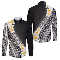 Tahiti Plumeria Tribal Pattern Family Matching Off The Shoulder Long Sleeve Dress and Hawaiian Shirt Wave Style Black LT05 Dad's Shirt - Long Sleeve Black - Polynesian Pride