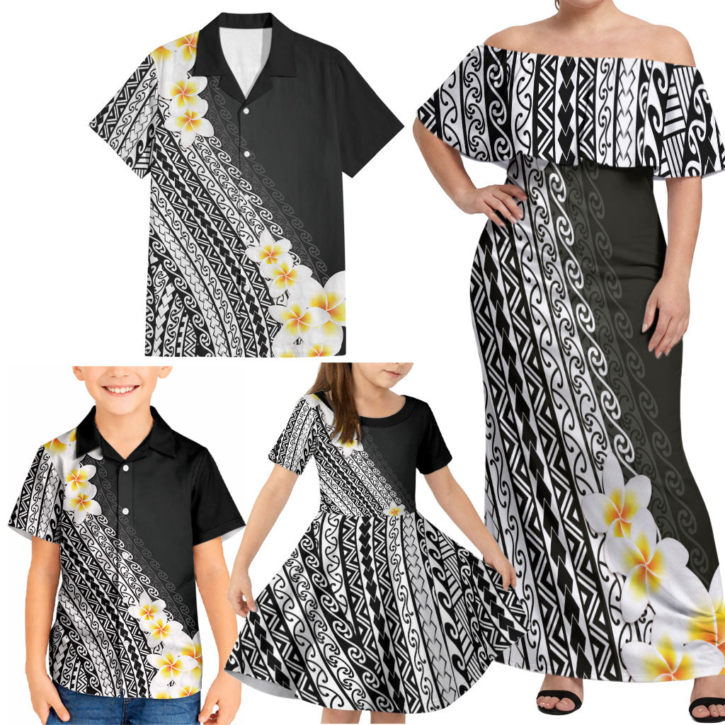 Tahiti Plumeria Tribal Pattern Family Matching Off Shoulder Maxi Dress and Hawaiian Shirt Wave Style Black LT05 - Polynesian Pride
