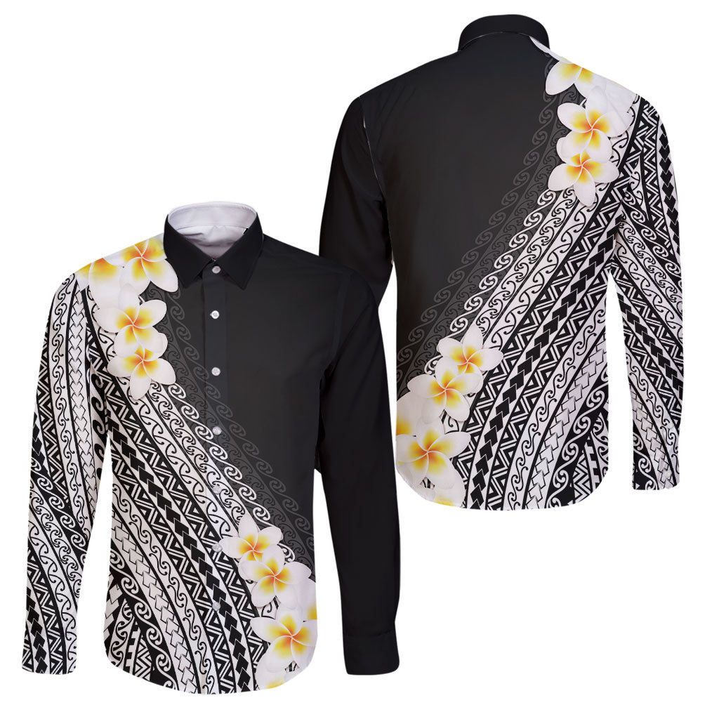 Tahiti Plumeria Tribal Pattern Family Matching Off Shoulder Maxi Dress and Hawaiian Shirt Wave Style Black LT05 Dad's Shirt - Long Sleeve Black - Polynesian Pride
