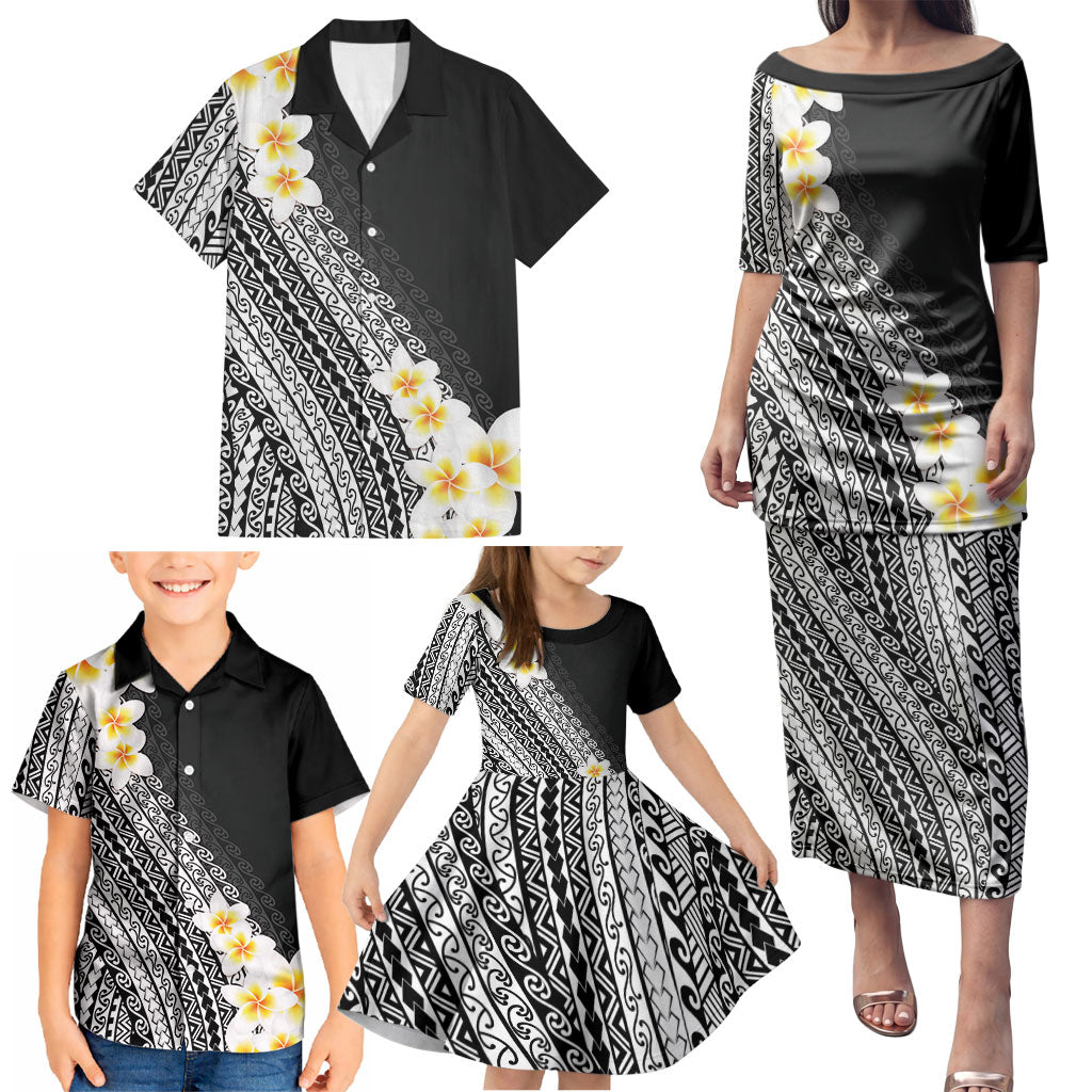 Tahiti Plumeria Tribal Pattern Family Matching Puletasi and Hawaiian Shirt Wave Style Black LT05 - Polynesian Pride