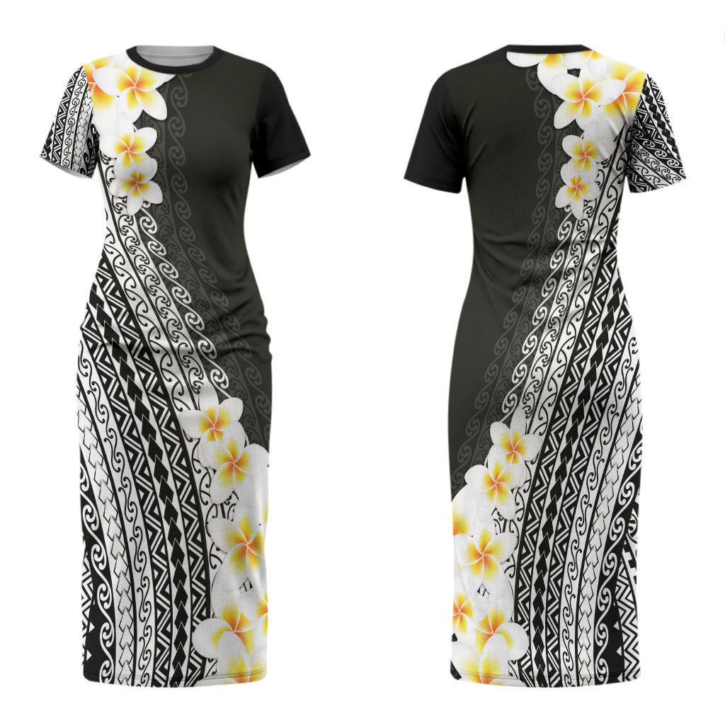 Tahiti Plumeria Tribal Pattern Family Matching Short Sleeve Bodycon Dress and Hawaiian Shirt Wave Style Black LT05 Mom's Dress Black - Polynesian Pride