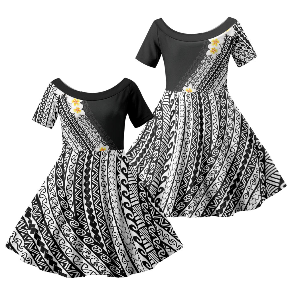 Tahiti Plumeria Tribal Pattern Family Matching Short Sleeve Bodycon Dress and Hawaiian Shirt Wave Style Black LT05 Daughter's Dress Black - Polynesian Pride