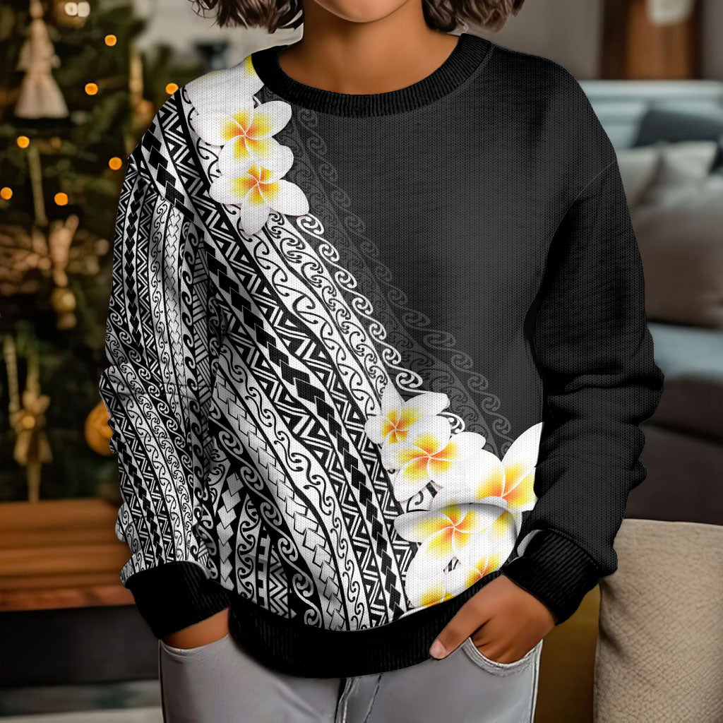 Tahiti Plumeria Tribal Pattern Kid Ugly Christmas Sweater Wave Style Black LT05 - Polynesian Pride