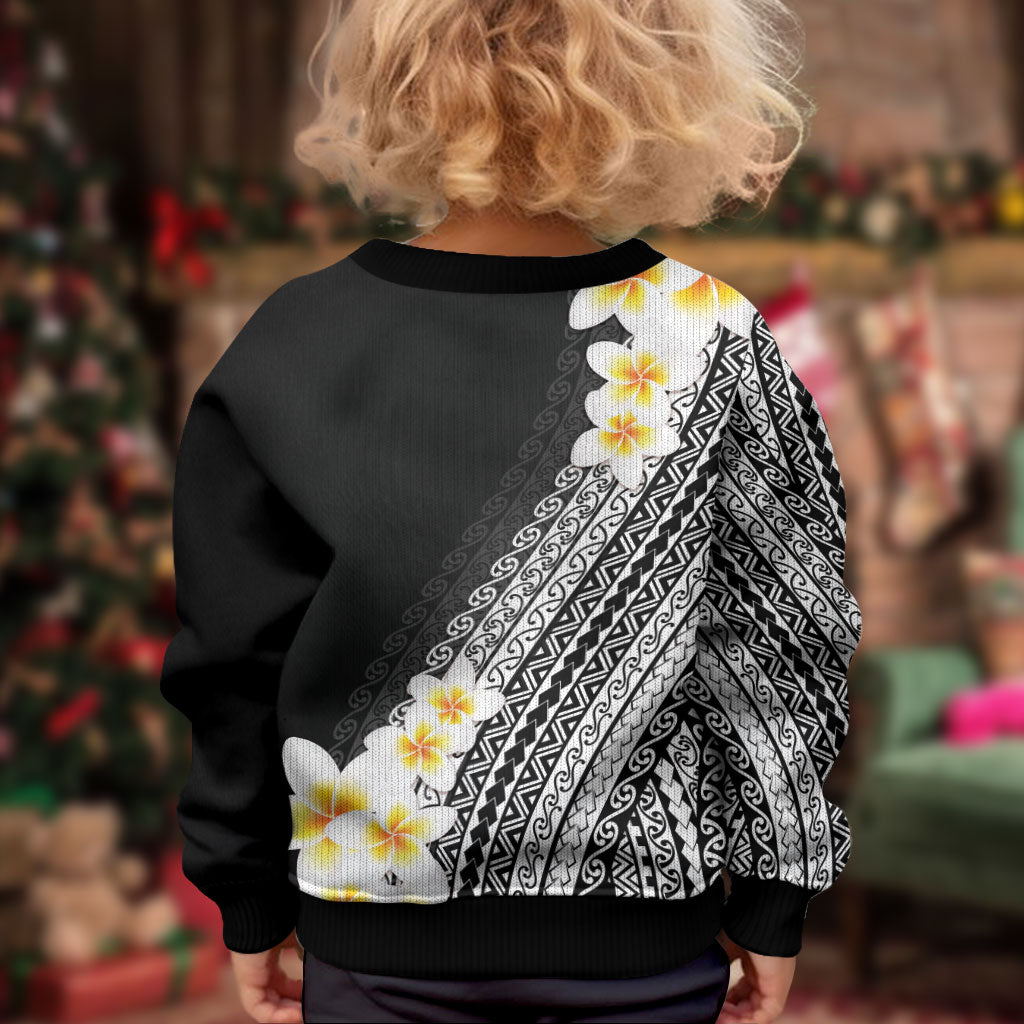 Tahiti Plumeria Tribal Pattern Kid Ugly Christmas Sweater Wave Style Black LT05 - Polynesian Pride