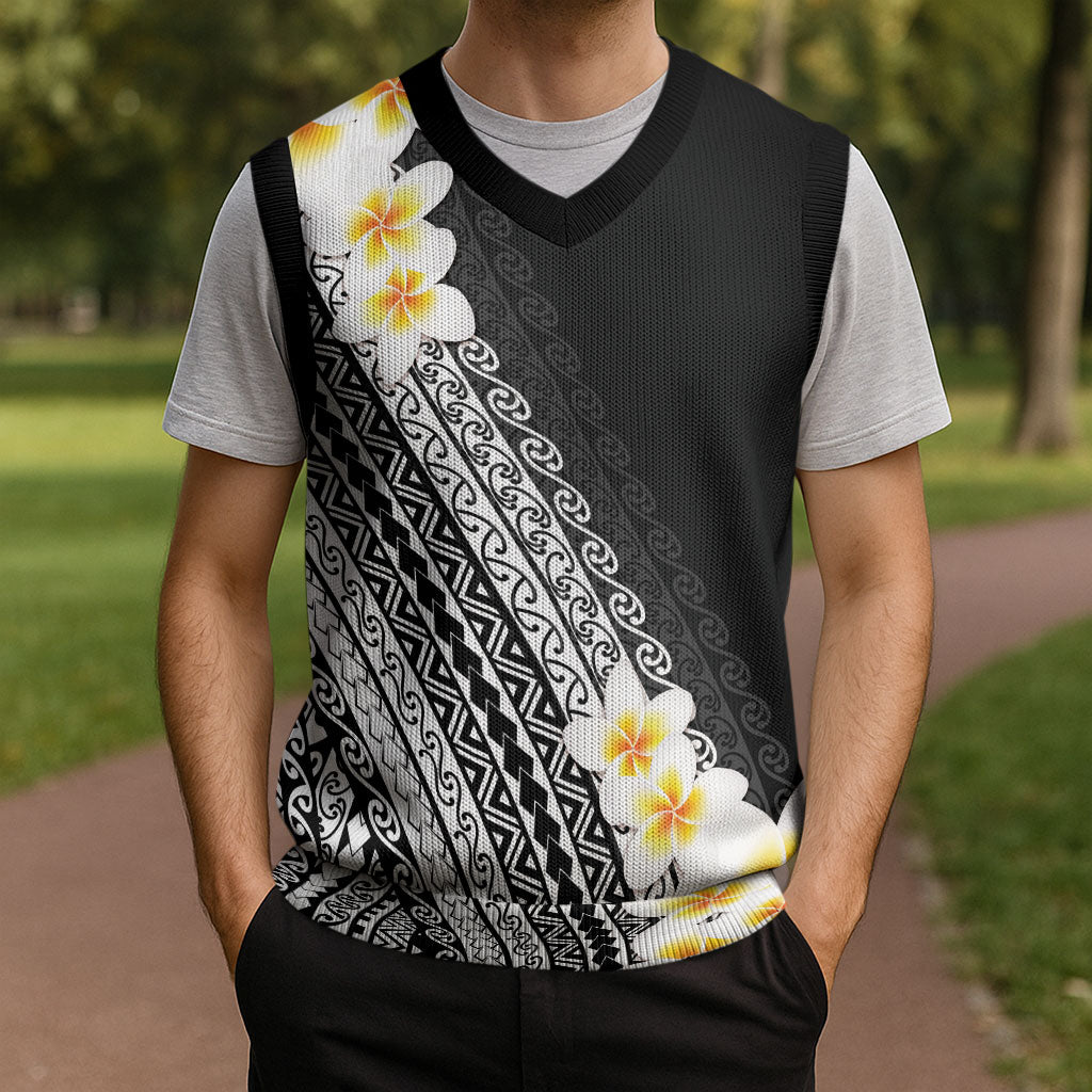 Tahiti Plumeria Tribal Pattern Christmas Knitted V-Neck Vest Wave Style Black LT05 - Polynesian Pride