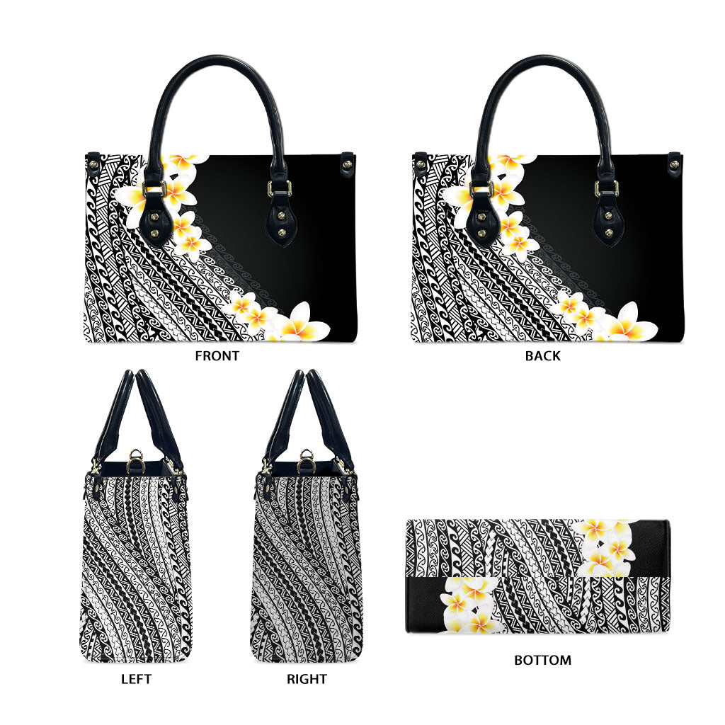 Tahiti Plumeria Tribal Pattern Leather Bag Wave Style Black LT05 - Polynesian Pride