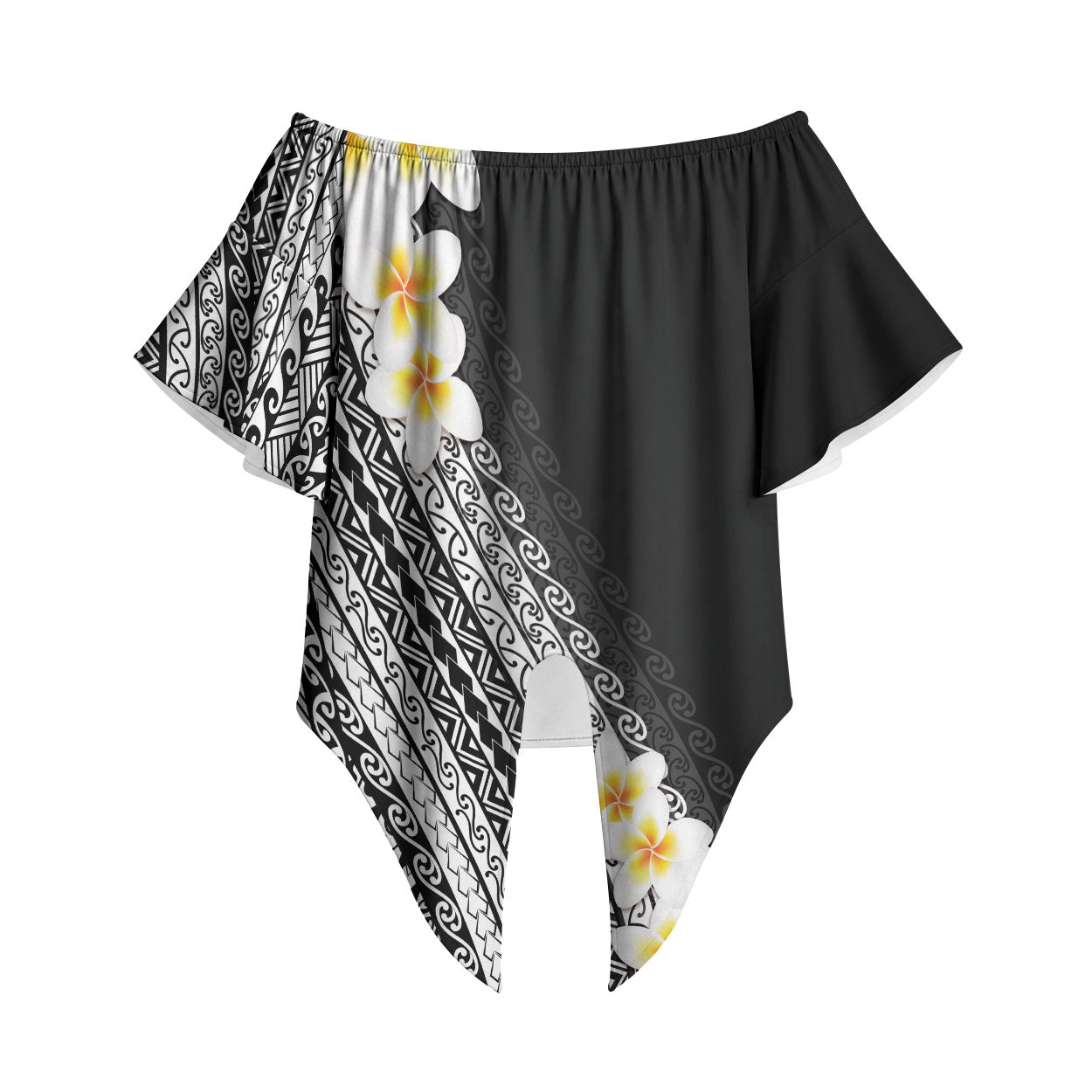 Tahiti Plumeria Tribal Pattern Off Shoulder Wrap Waist Top Wave Style Black
