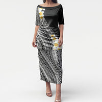 Tahiti Plumeria Tribal Pattern Puletasi Wave Style Black LT05 Long Dress Black - Polynesian Pride