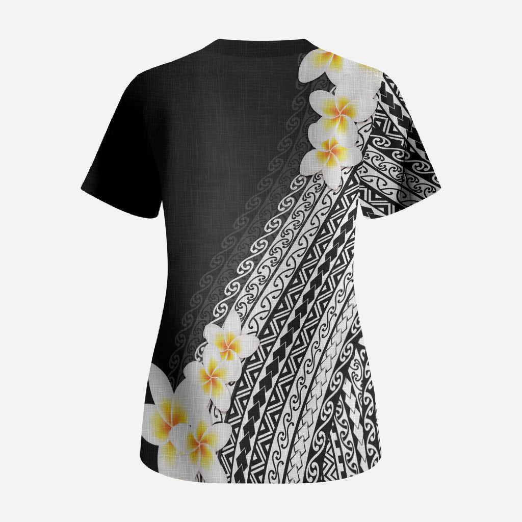 Tahiti Plumeria Tribal Pattern Scrub Top Wave Style Black LT05 - Polynesian Pride