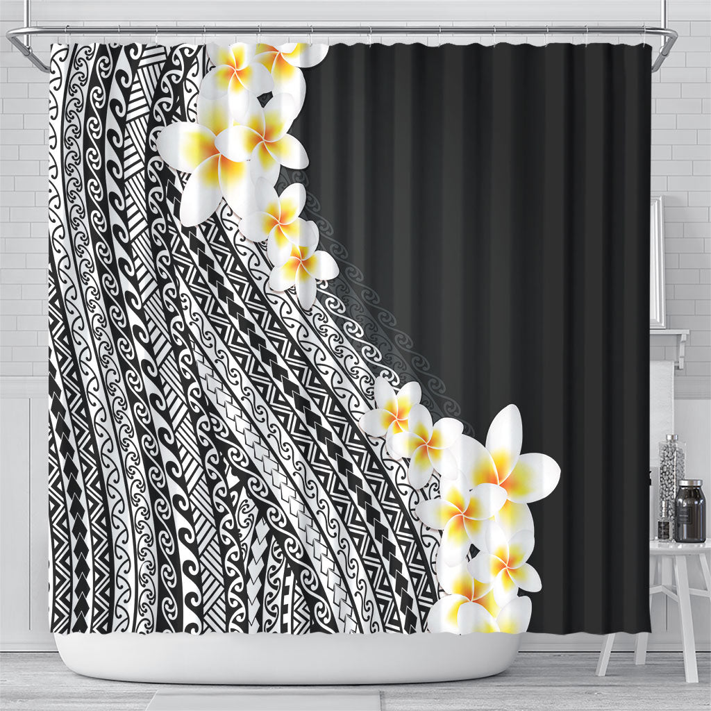 Tahiti Plumeria Tribal Pattern Shower Curtain Wave Style Black LT05 - Polynesian Pride
