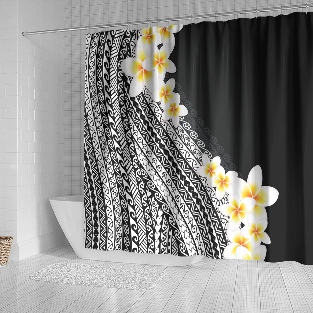 Tahiti Plumeria Tribal Pattern Shower Curtain Wave Style Black LT05 - Polynesian Pride