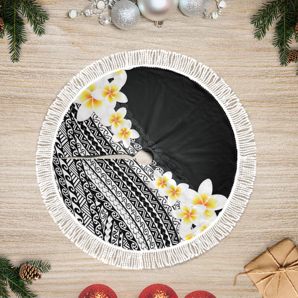 Tahiti Plumeria Tribal Pattern Tree Skirt Wave Style Black LT05 Fringed Black - Polynesian Pride