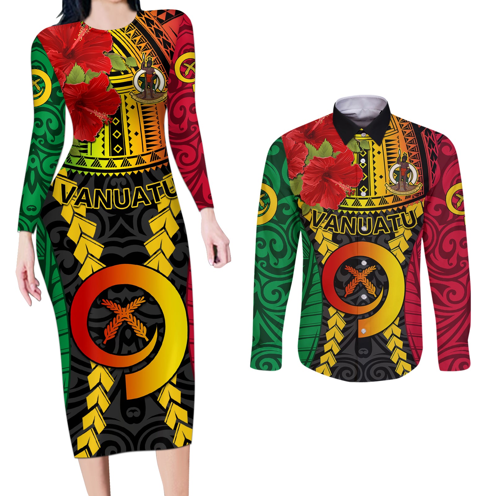 Vanuatu Couples Matching Long Sleeve Bodycon Dress and Long Sleeve Button Shirts Vanuatuan Coat Of Arms Mix Pig Tusk Poynesian Pattern LT05 Reggae - Polynesian Pride