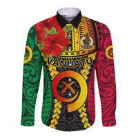 Vanuatu Long Sleeve Button Shirt Vanuatuan Coat Of Arms Mix Pig Tusk Poynesian Pattern LT05 Unisex Reggae - Polynesian Pride