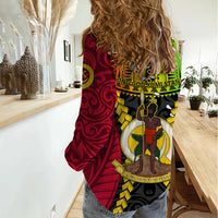 Vanuatu Women Casual Shirt Vanuatuan Coat Of Arms Mix Pig Tusk Poynesian Pattern LT05 - Polynesian Pride