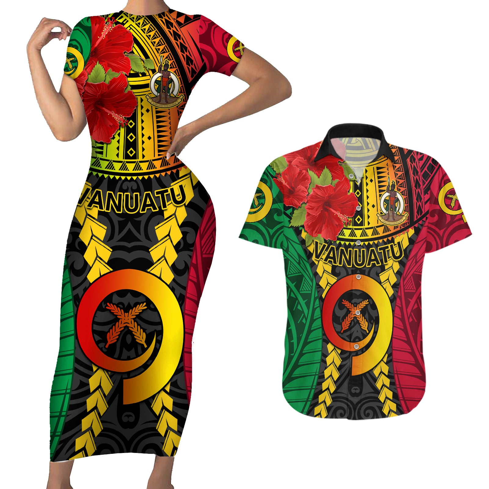 Personalized Vanuatu Couples Matching Short Sleeve Bodycon Dress and Hawaiian Shirt Vanuatuan Coat Of Arms Mix Pig Tusk Poynesian Pattern LT05 Reggae - Polynesian Pride