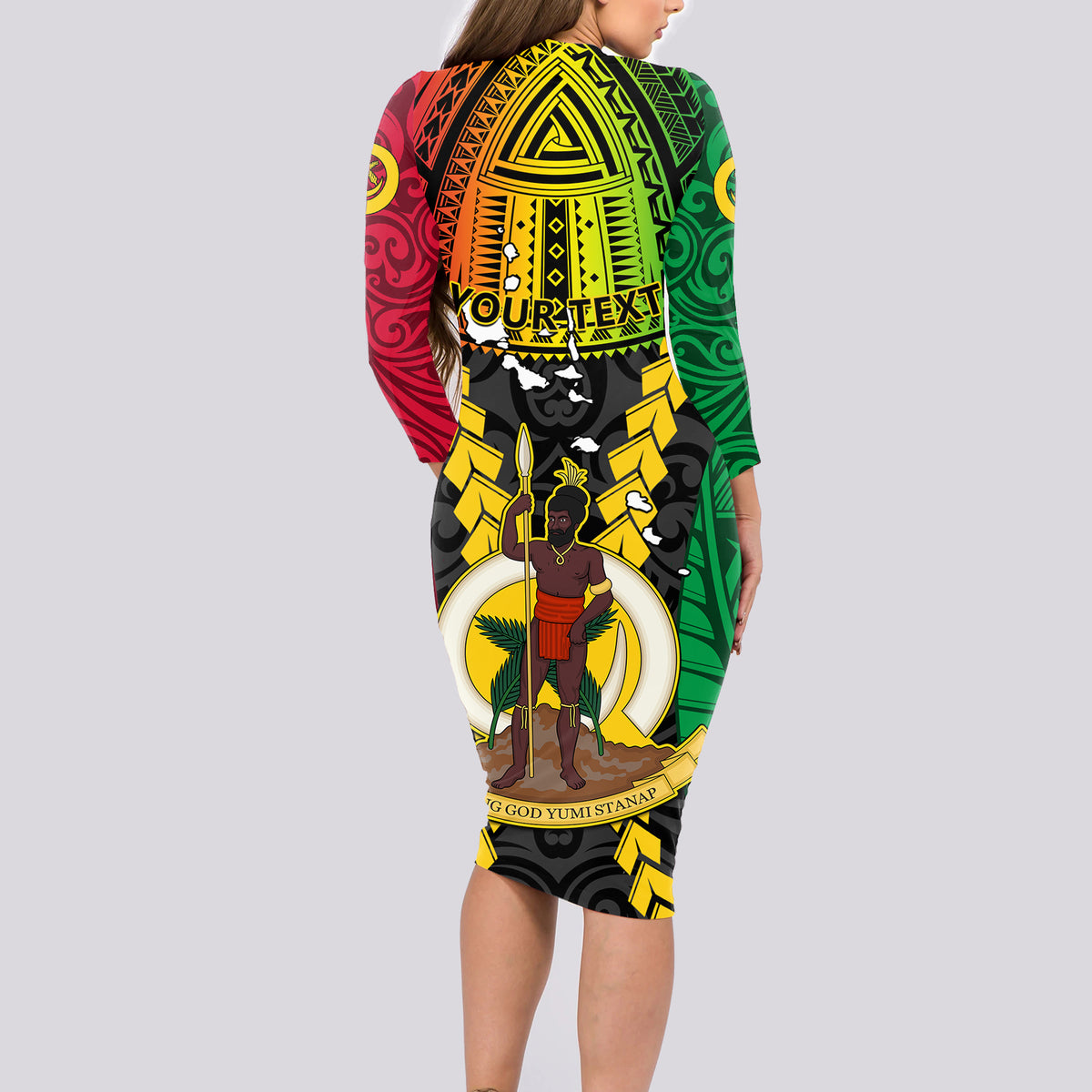 Personalized Vanuatu Long Sleeve Bodycon Dress Vanuatuan Coat Of Arms Mix Pig Tusk Poynesian Pattern LT05 - Polynesian Pride