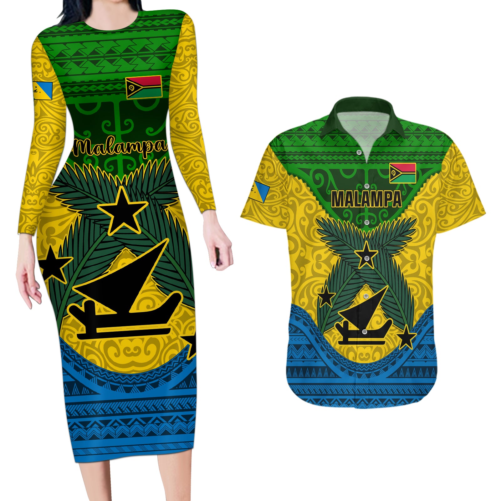 Vanuatu Malampa Province Couples Matching Long Sleeve Bodycon Dress and Hawaiian Shirt Coat Of Arms And Namele Fern Polynesian Pattern LT05 Yellow - Polynesian Pride