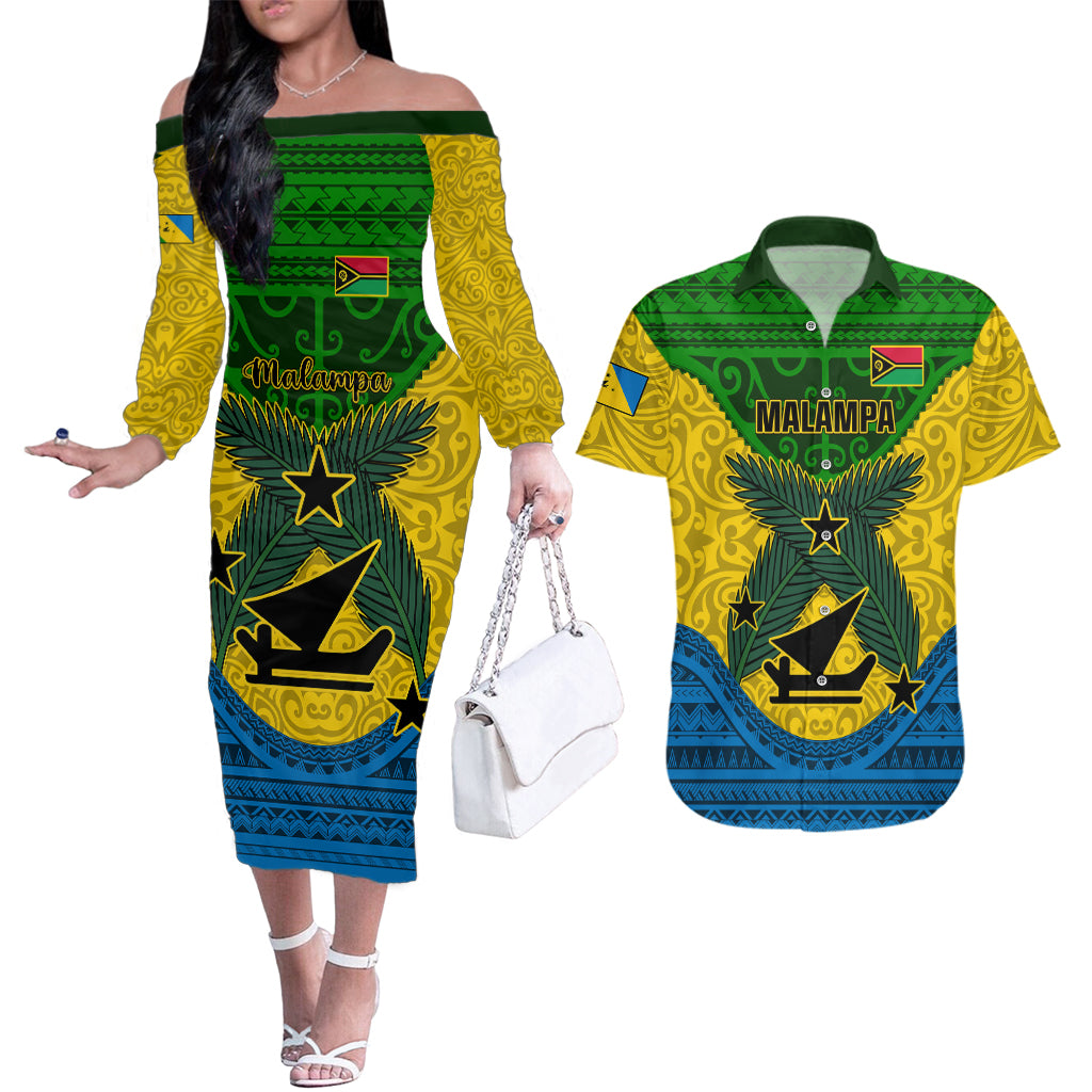 Vanuatu Malampa Province Couples Matching Off The Shoulder Long Sleeve Dress and Hawaiian Shirt Coat Of Arms And Namele Fern Polynesian Pattern LT05 Yellow - Polynesian Pride