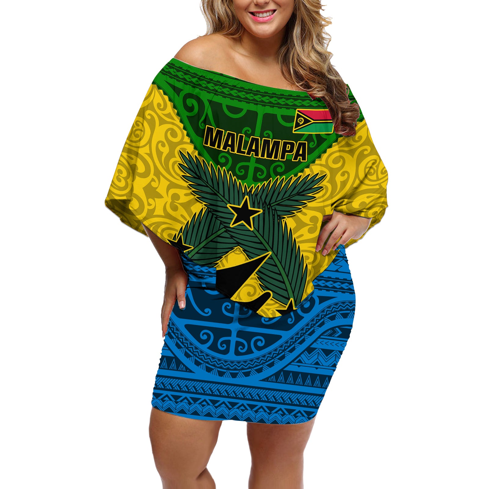 Vanuatu Malampa Province Off Shoulder Short Dress Coat Of Arms And Namele Fern Polynesian Pattern LT05 Women Yellow - Polynesian Pride