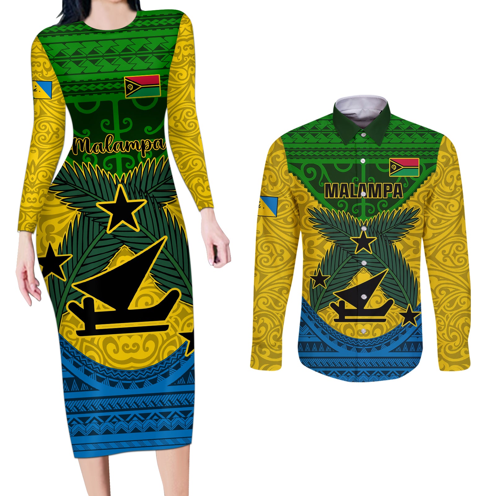 Personalized Vanuatu Malampa Province Couples Matching Long Sleeve Bodycon Dress and Long Sleeve Button Shirts Coat Of Arms And Namele Fern Polynesian Pattern LT05 Yellow - Polynesian Pride