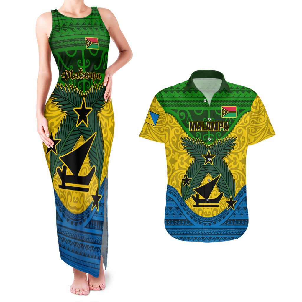 Personalized Vanuatu Malampa Province Couples Matching Tank Maxi Dress and Hawaiian Shirt Coat Of Arms And Namele Fern Polynesian Pattern LT05 Yellow - Polynesian Pride
