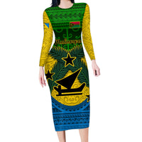 Personalized Vanuatu Malampa Province Long Sleeve Bodycon Dress Coat Of Arms And Namele Fern Polynesian Pattern LT05 Long Dress Yellow - Polynesian Pride