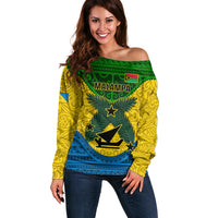 Personalized Vanuatu Malampa Province Off Shoulder Sweater Coat Of Arms And Namele Fern Polynesian Pattern LT05 Women Yellow - Polynesian Pride