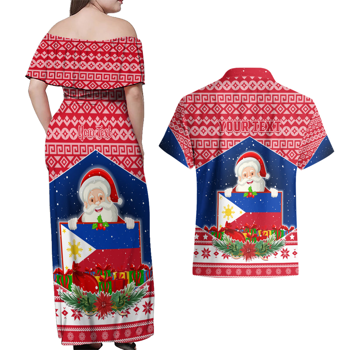 Personalised Philippines Christmas Couples Matching Off Shoulder Maxi Dress and Hawaiian Shirt Filipino Parol Maligayang Pasko LT05 - Polynesian Pride