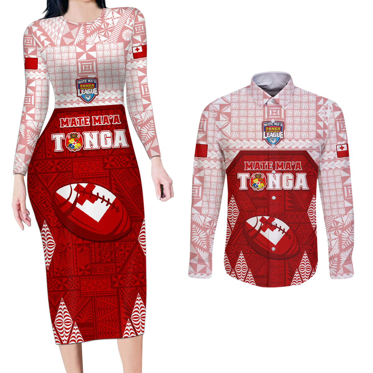 Custom Tonga Rugby Couples Matching Long Sleeve Bodycon Dress and Long Sleeve Button Shirt 2023 Pacific Championships Kupesi Ngatu Mate Maa LT05 Red - Polynesian Pride