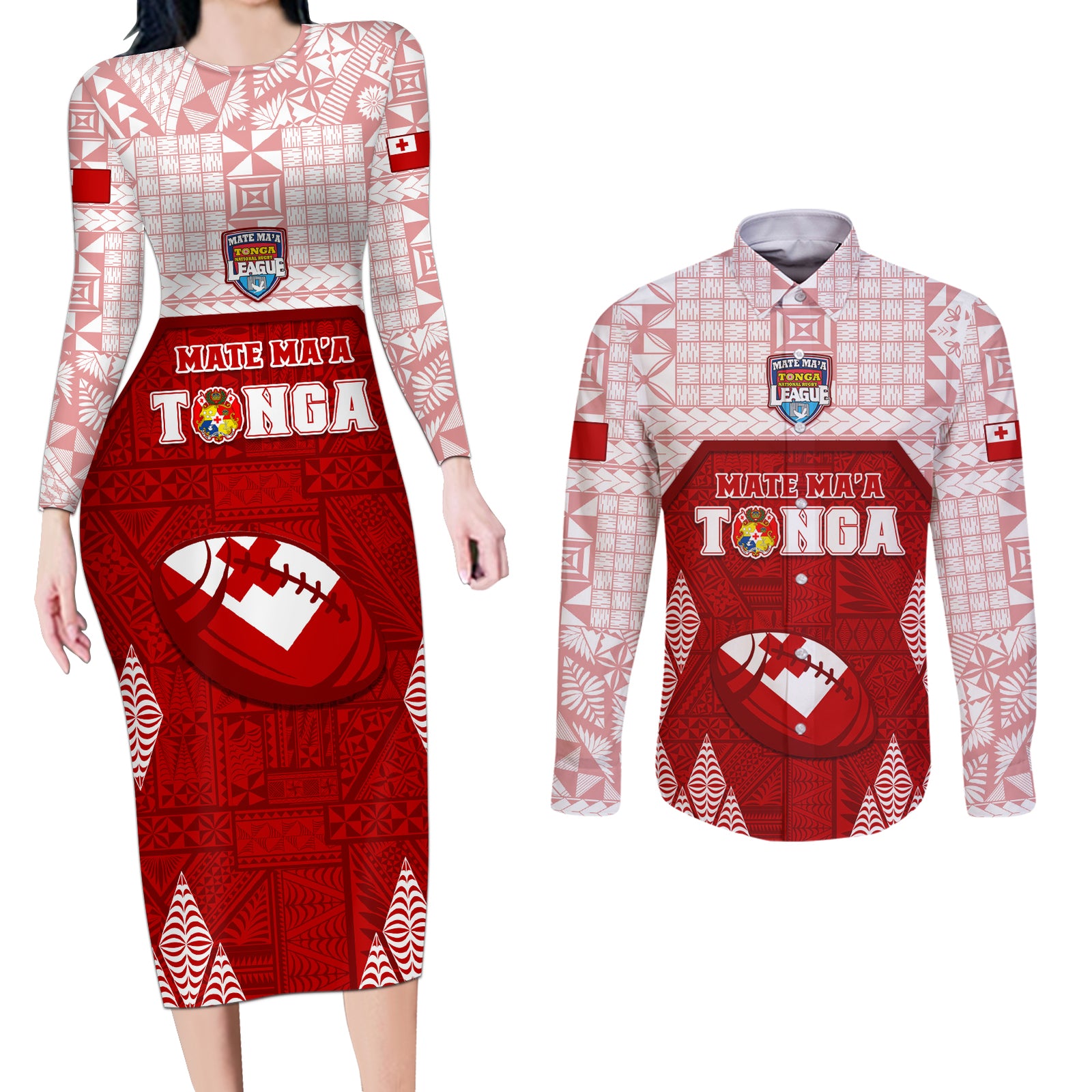 Custom Tonga Rugby Couples Matching Long Sleeve Bodycon Dress and Long Sleeve Button Shirt 2023 Pacific Championships Kupesi Ngatu Mate Maa LT05 Red - Polynesian Pride