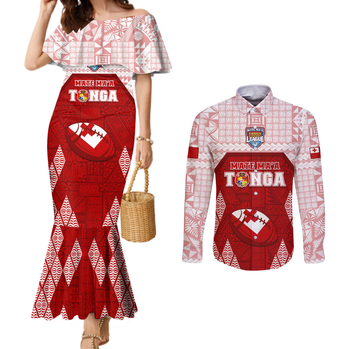 Custom Tonga Rugby Couples Matching Mermaid Dress and Long Sleeve Button Shirt 2023 Pacific Championships Kupesi Ngatu Mate Maa LT05 Red - Polynesian Pride