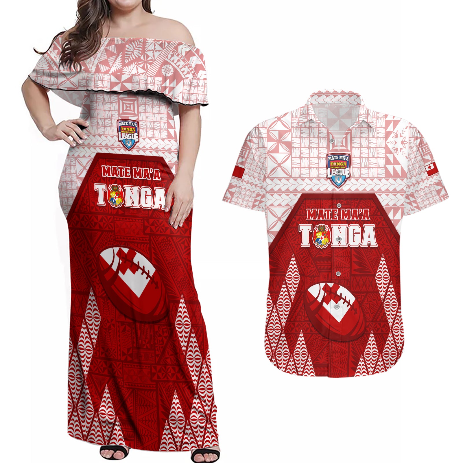 Custom Tonga Rugby Couples Matching Off Shoulder Maxi Dress and Hawaiian Shirt 2023 Pacific Championships Kupesi Ngatu Mate Maa LT05 Red - Polynesian Pride