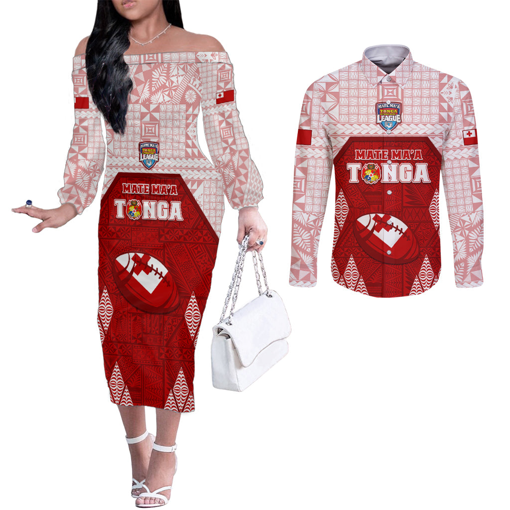 Custom Tonga Rugby Couples Matching Off The Shoulder Long Sleeve Dress and Long Sleeve Button Shirt 2023 Pacific Championships Kupesi Ngatu Mate Maa LT05 Red - Polynesian Pride
