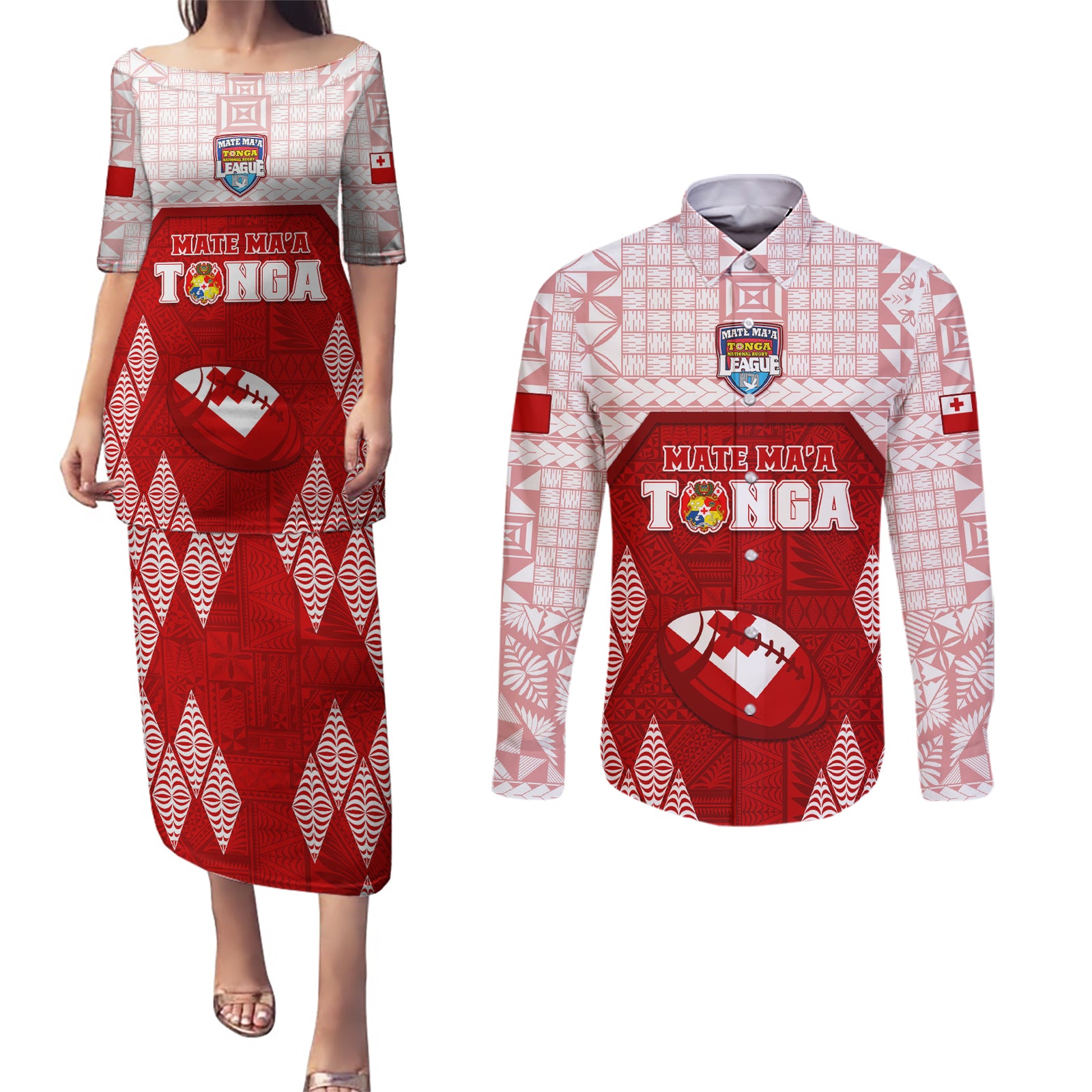 Custom Tonga Rugby Couples Matching Puletasi Dress and Long Sleeve Button Shirt 2023 Pacific Championships Kupesi Ngatu Mate Maa LT05 Red - Polynesian Pride