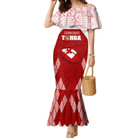 Custom Tonga Rugby Family Matching Mermaid Dress and Hawaiian Shirt 2023 Pacific Championships Kupesi Ngatu Mate Maa LT05 Mom's Dress Red - Polynesian Pride