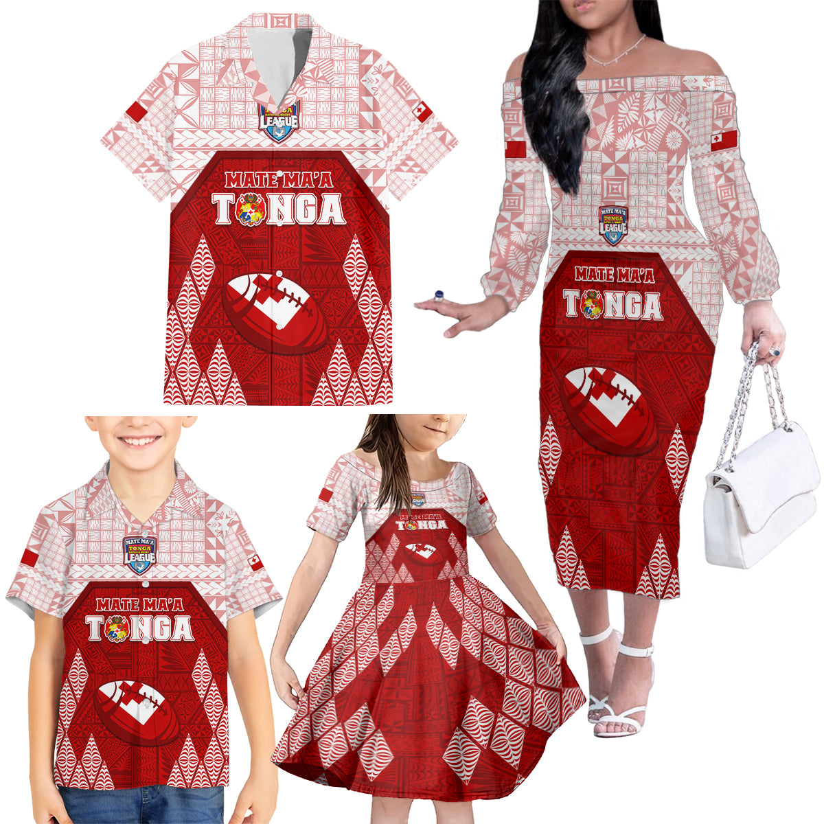 Custom Tonga Rugby Family Matching Off Shoulder Long Sleeve Dress and Hawaiian Shirt 2023 Pacific Championships Kupesi Ngatu Mate Maa LT05 - Polynesian Pride